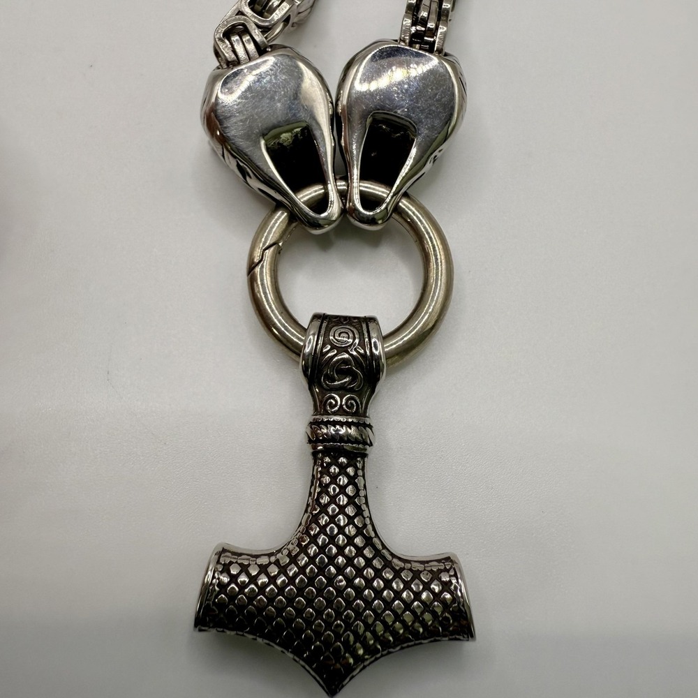 Viking Wolf Heads Mjolnir Thor Hammer Pendant Necklace Silver Tone Chain Mens‎ - Picture 5 of 6